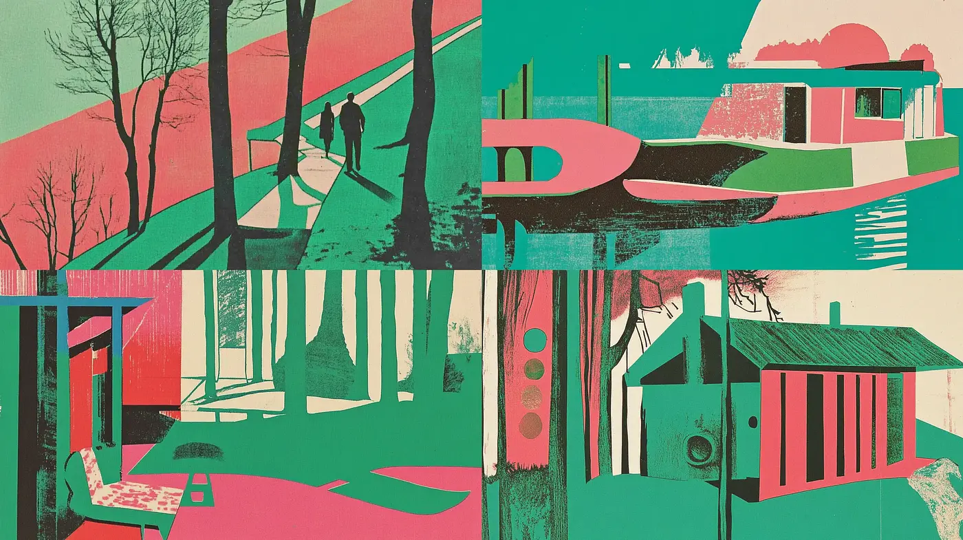 Mid-Century Modern Fusion with a Vibrant Retro Palette and Graphic Sensibilities - Midjourney sref style