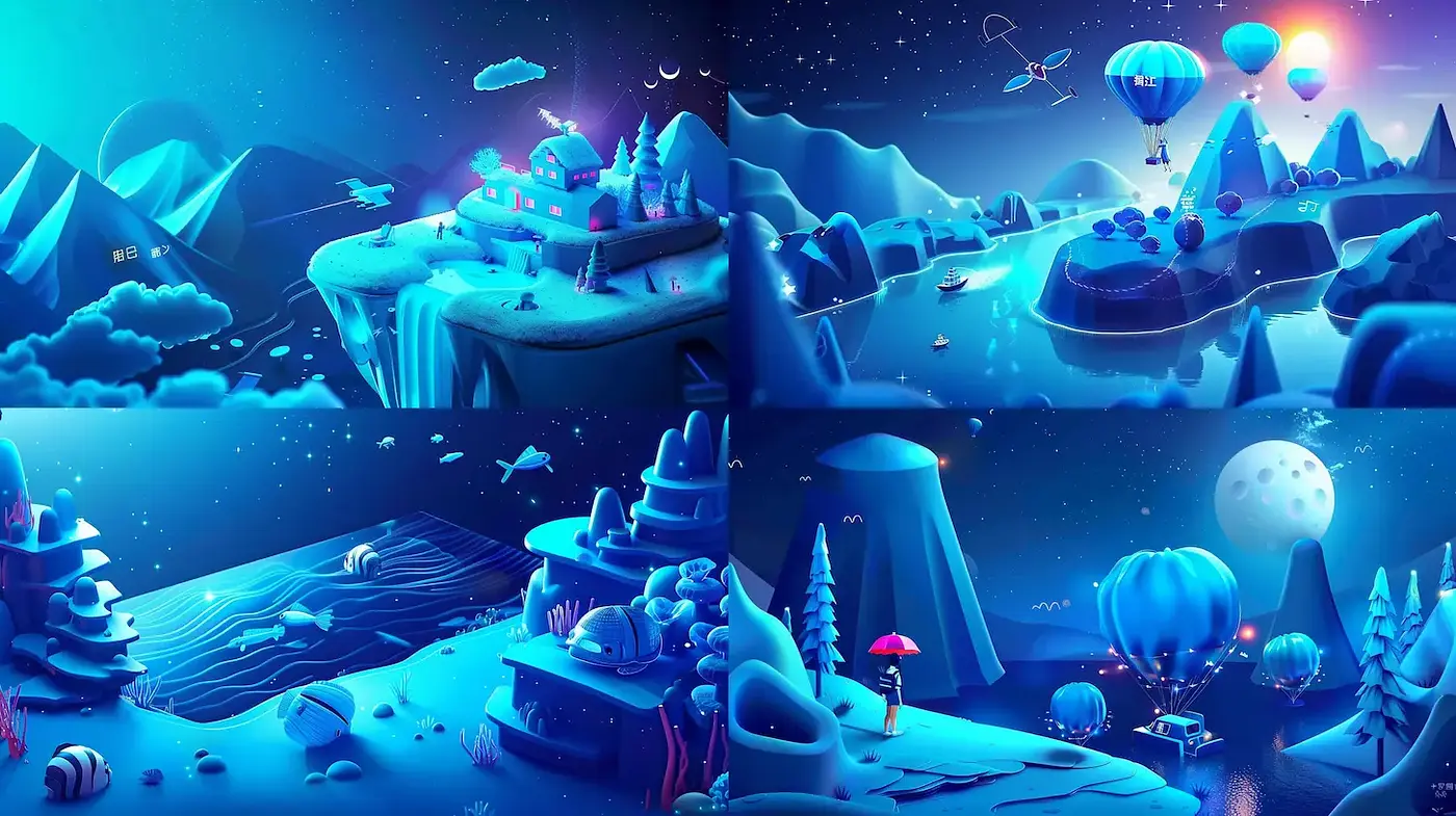 Vibrant and whimsical digital landscapes with a dreamy atmosphere - Midjourney sref style