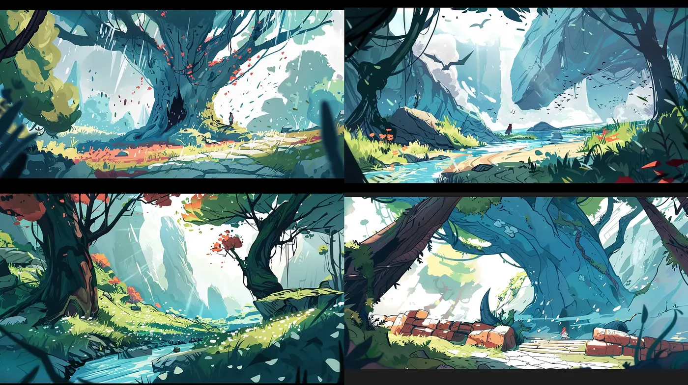 Ethereal Nature Vistas in Stylized Digital Brushwork - Midjourney sref style