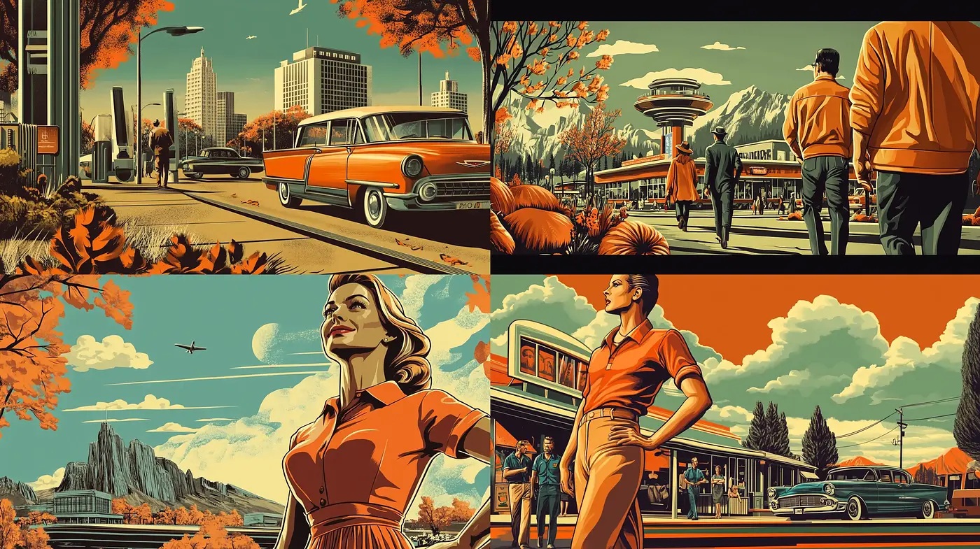 Retrofuturistic Urban Elegance with a Warm Chromatic Essence - Midjourney sref style