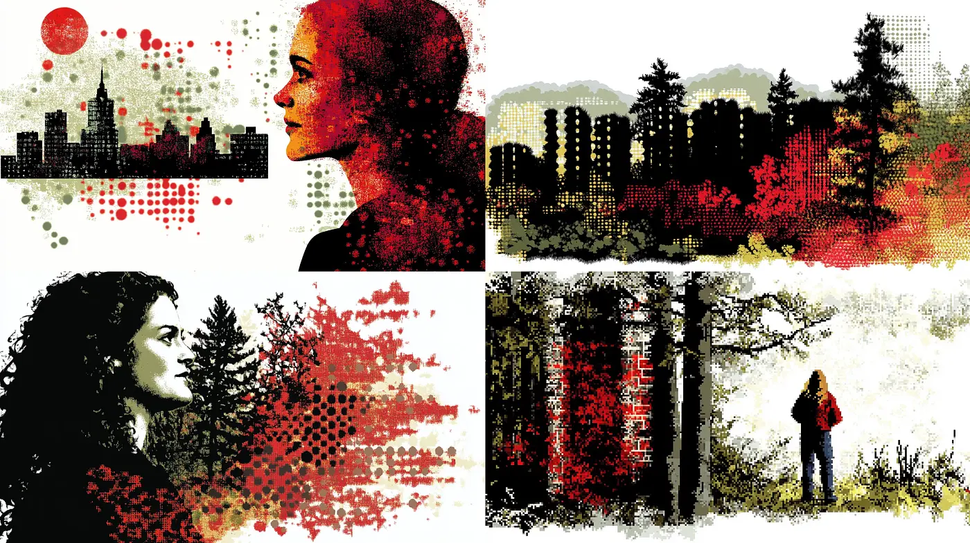 Stippled Noir Fusion with Nature Motifs - Midjourney sref style