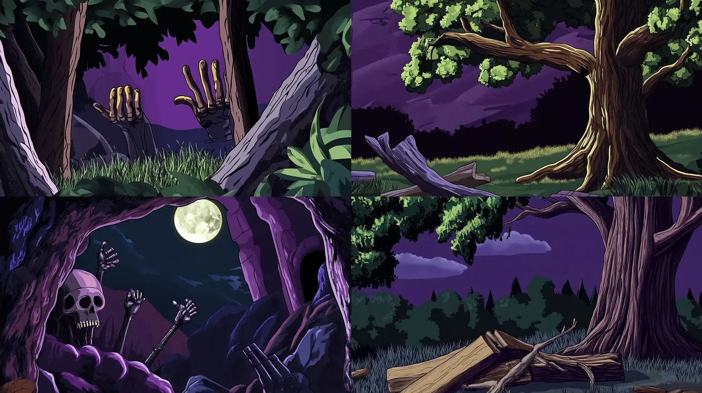 Eerie Midnight Stories: A Cohesive Tale of Enigmatic Hues and Spooky Vignettes - Midjourney sref style