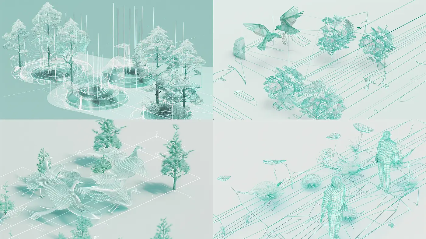 Monochromatic Teal Wireframe Dreamscape - Midjourney sref style