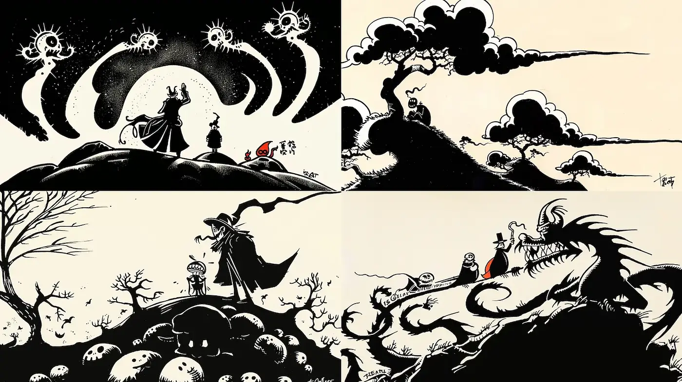 Surreal and Whimsical Black and White Illustrations with Mythical Elements - Midjourney sref style