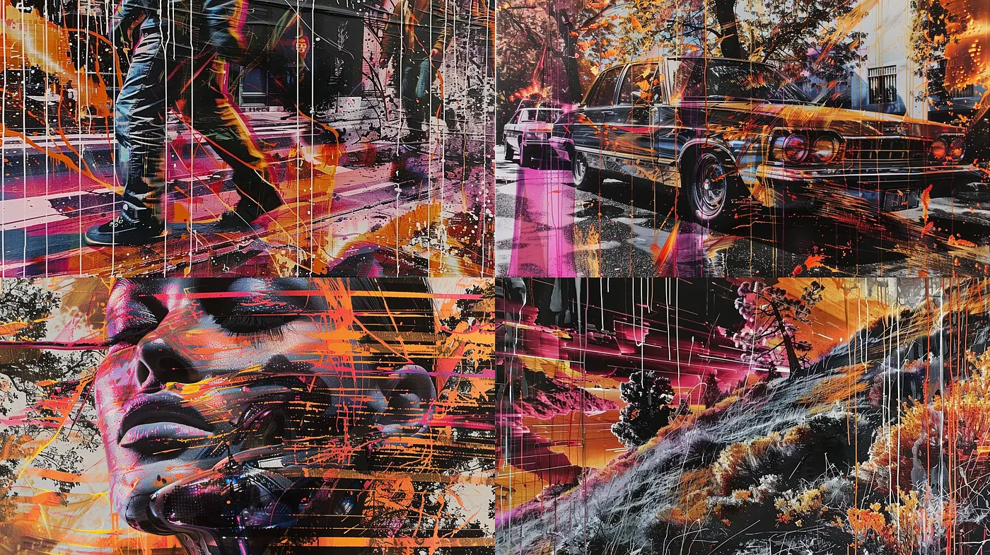 Abstract Fusion of Chromatic Intensity and Textured Chaos: A Study in High Contrast Urban Aesthetic - Midjourney sref style
