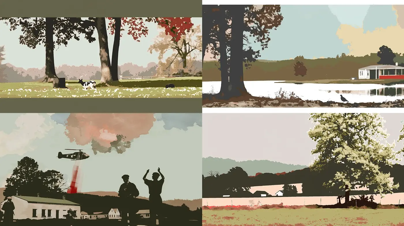 Pastoral Scenes with Stylized Block Colors and Simplified Forms - Midjourney sref style