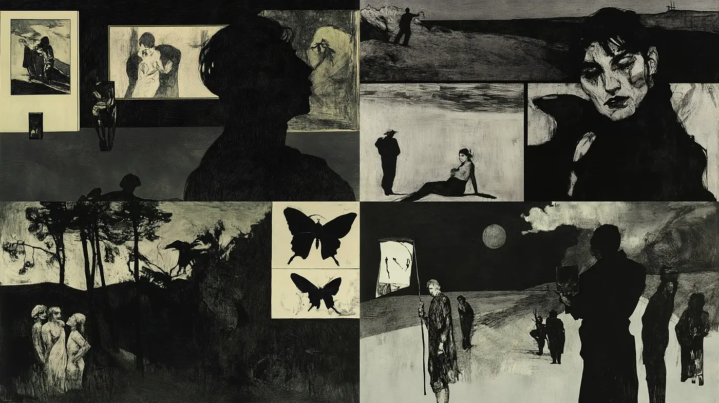 Nocturnal Silhouette Elegy: A Fusion of Dark Tones and Shadowy Forms - Midjourney sref style
