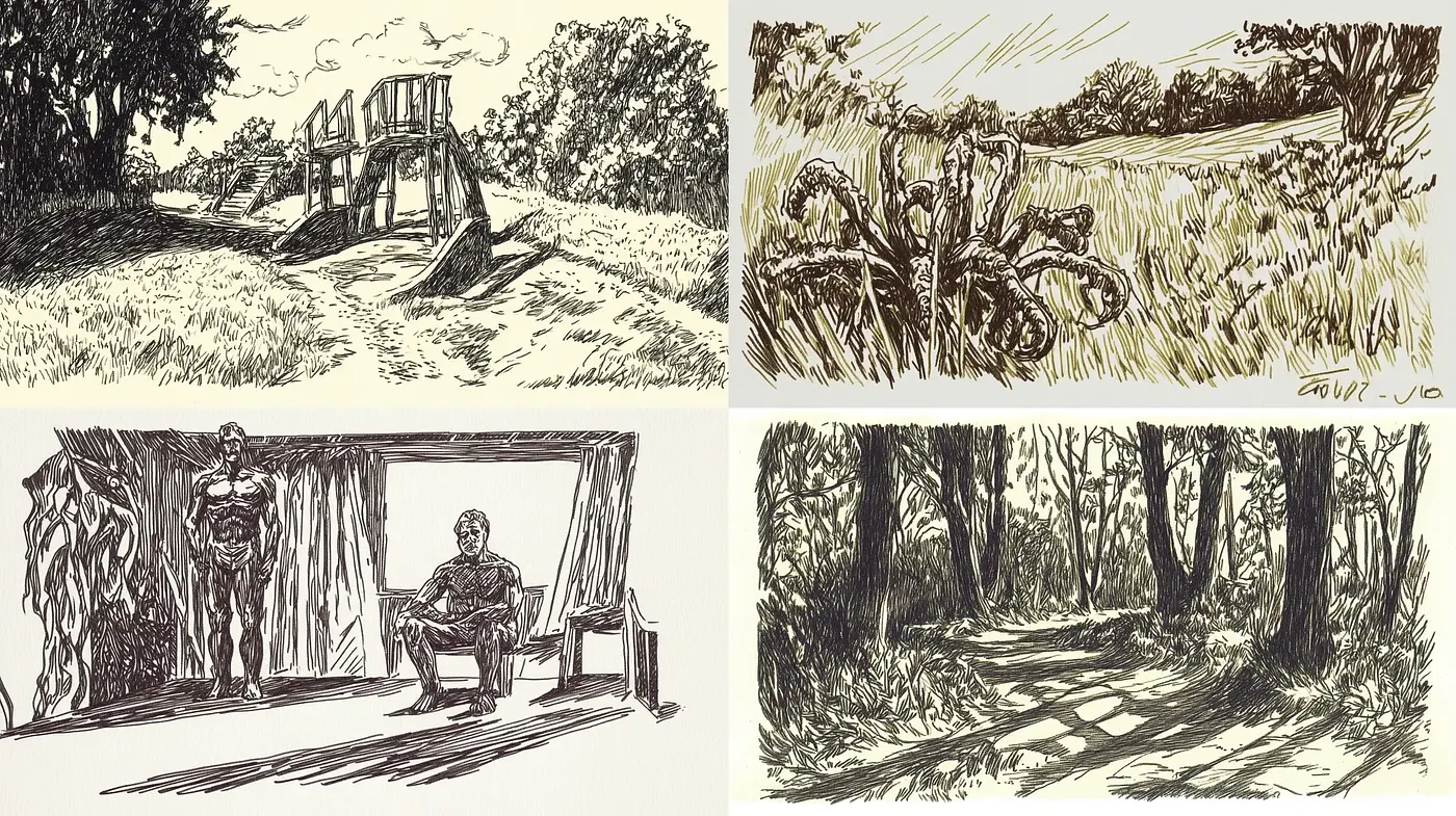 Ink-Sketched Natural and Rustic Vistas: A Homage to Traditional Pen Illustrations - Midjourney sref style