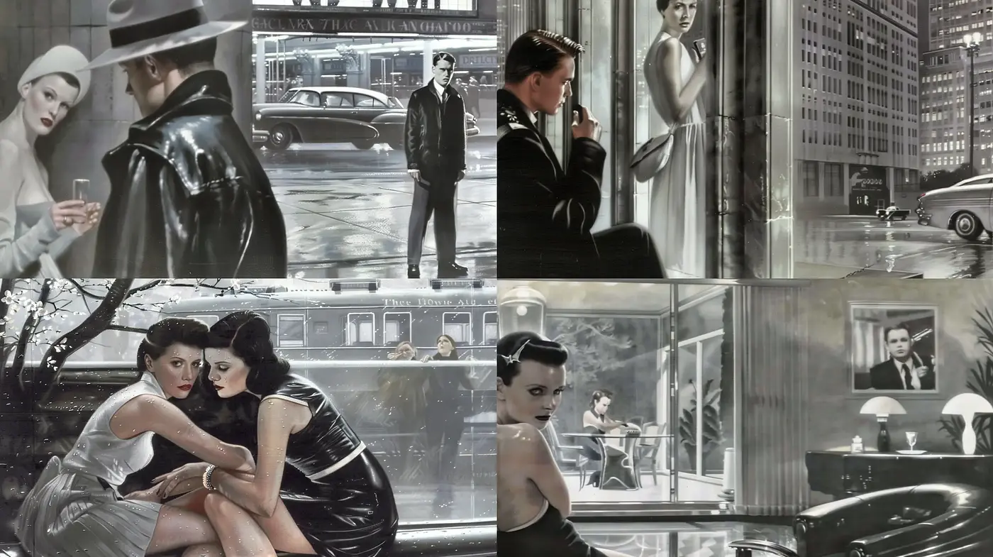Monochromatic Retro-Futuristic Film Noir Aesthetics - Midjourney sref style