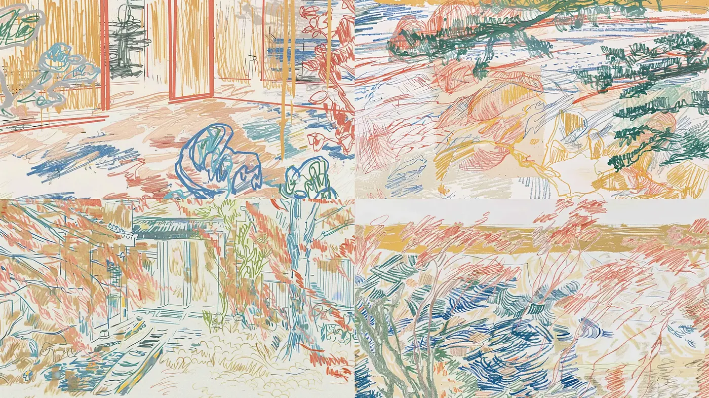 Vibrant Scribble Sketches: A Harmony of Intertwined Colors and Dynamic Lines - Midjourney sref style