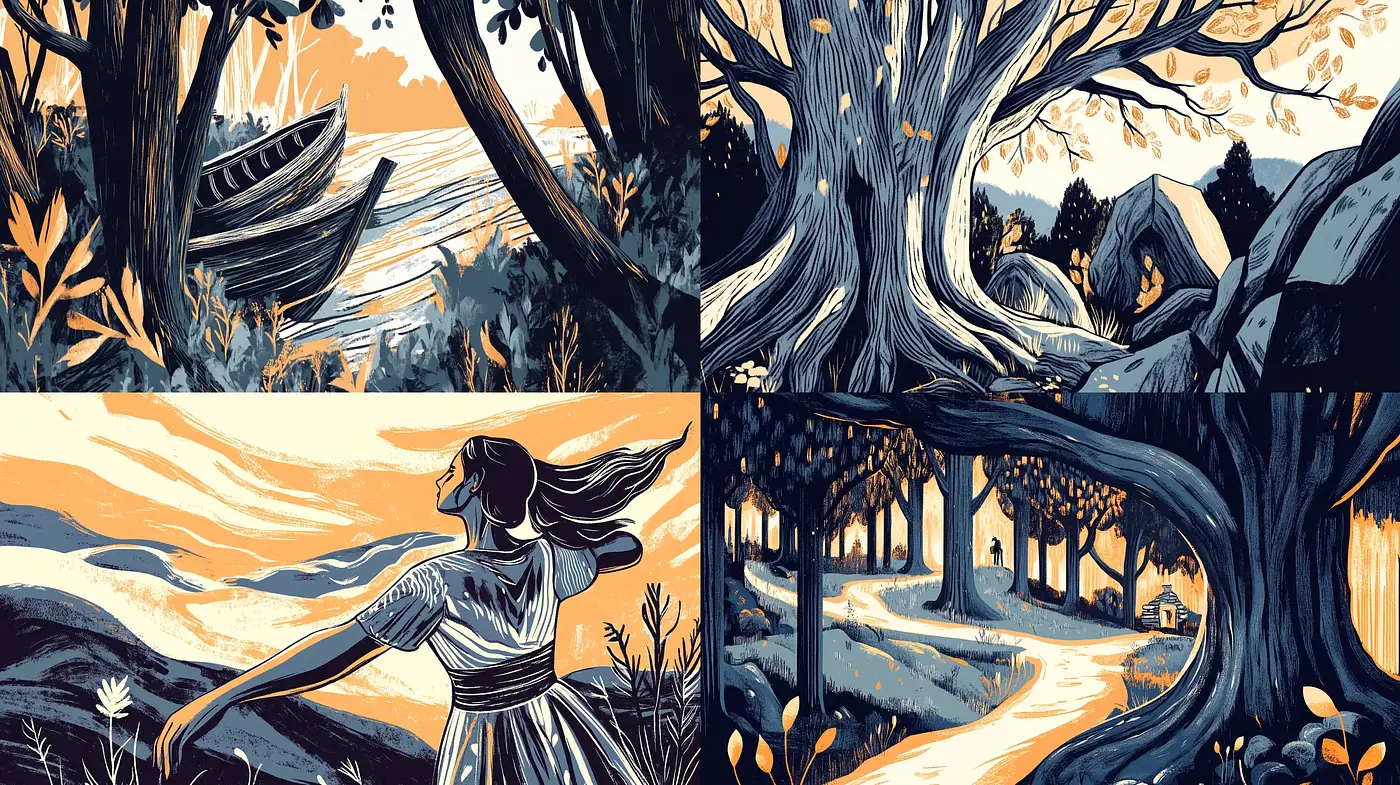 Twilight Serenity in Stylized Nature: A Harmonious Fusion of Limited Palette Illustration - Midjourney sref style