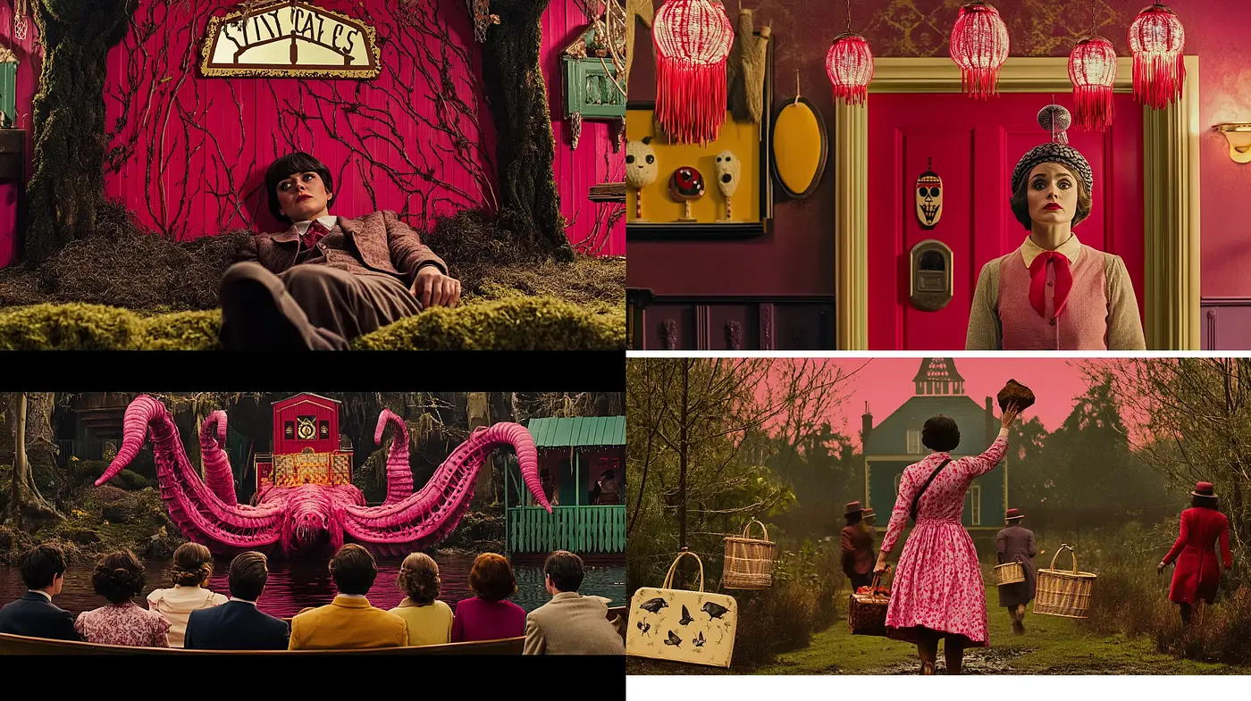 Surreal Whimsy in Crimson Hues: A Study of Consistent Elements Across Varied Compositions - Midjourney sref style