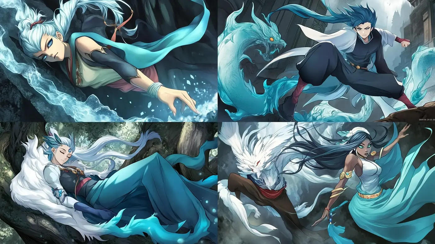 Ethereal Azure Dynamism: A Fusion of Manga Artistry and Elemental Fantasy - Midjourney sref style