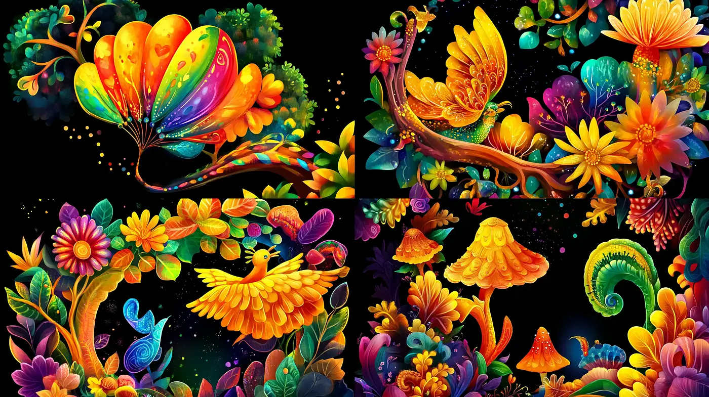Luminous Fantasia: A Vivid Tapestry of Flora and Fauna - Midjourney sref style