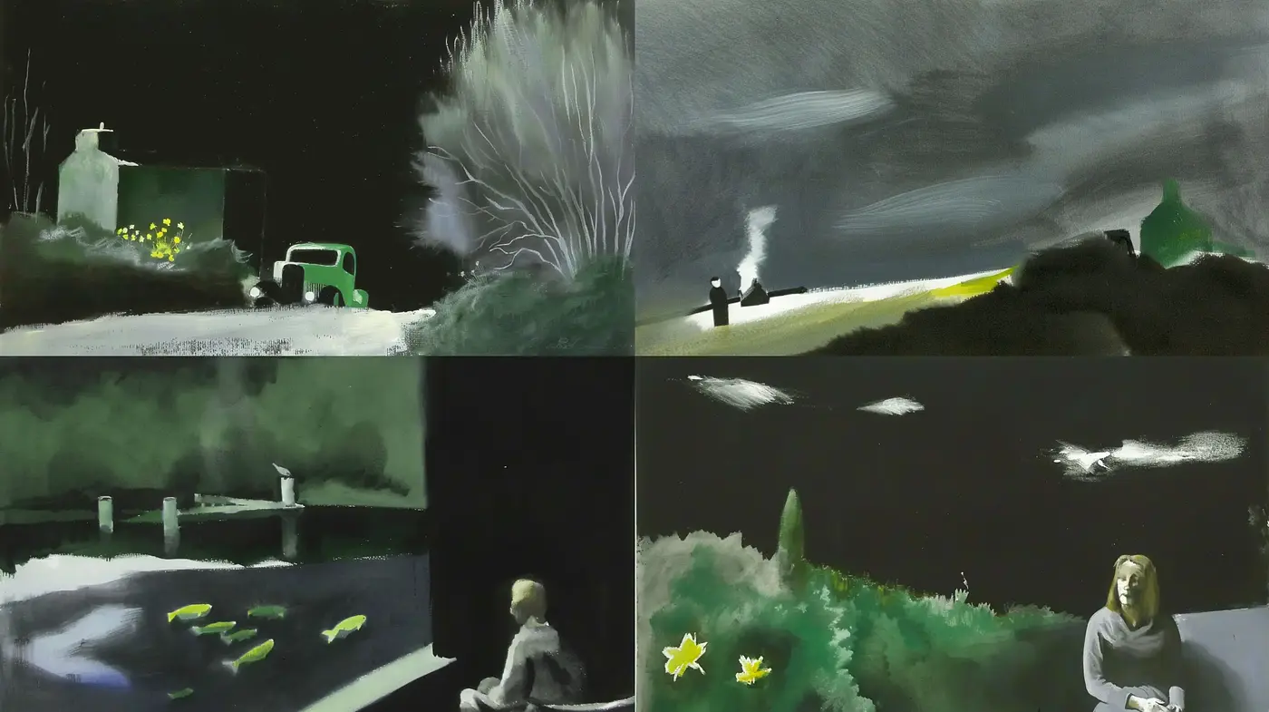 Melancholic Nocturnes in Monochrome and Verdant Hues - Midjourney sref style