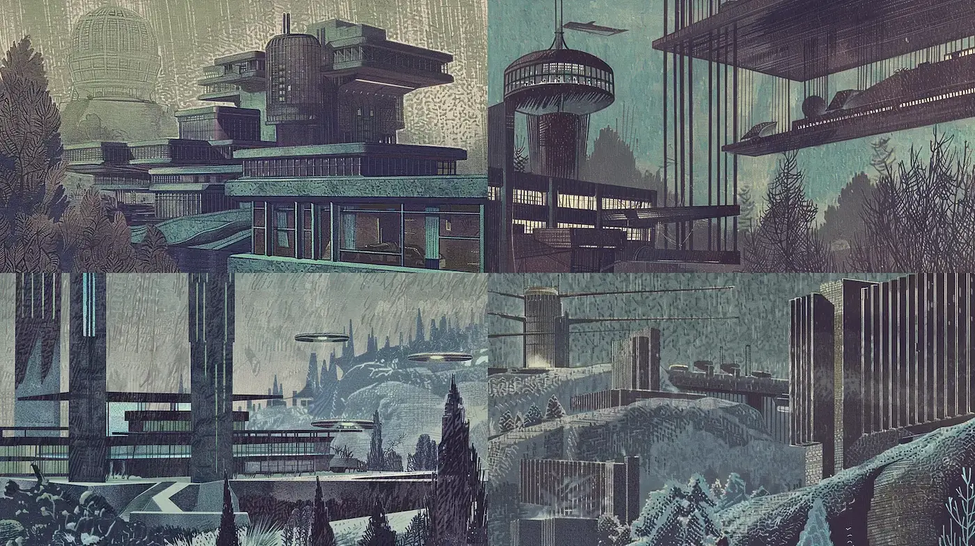 Futuristic architectural landscapes with a retro aesthetic and moody atmosphere - Midjourney sref style
