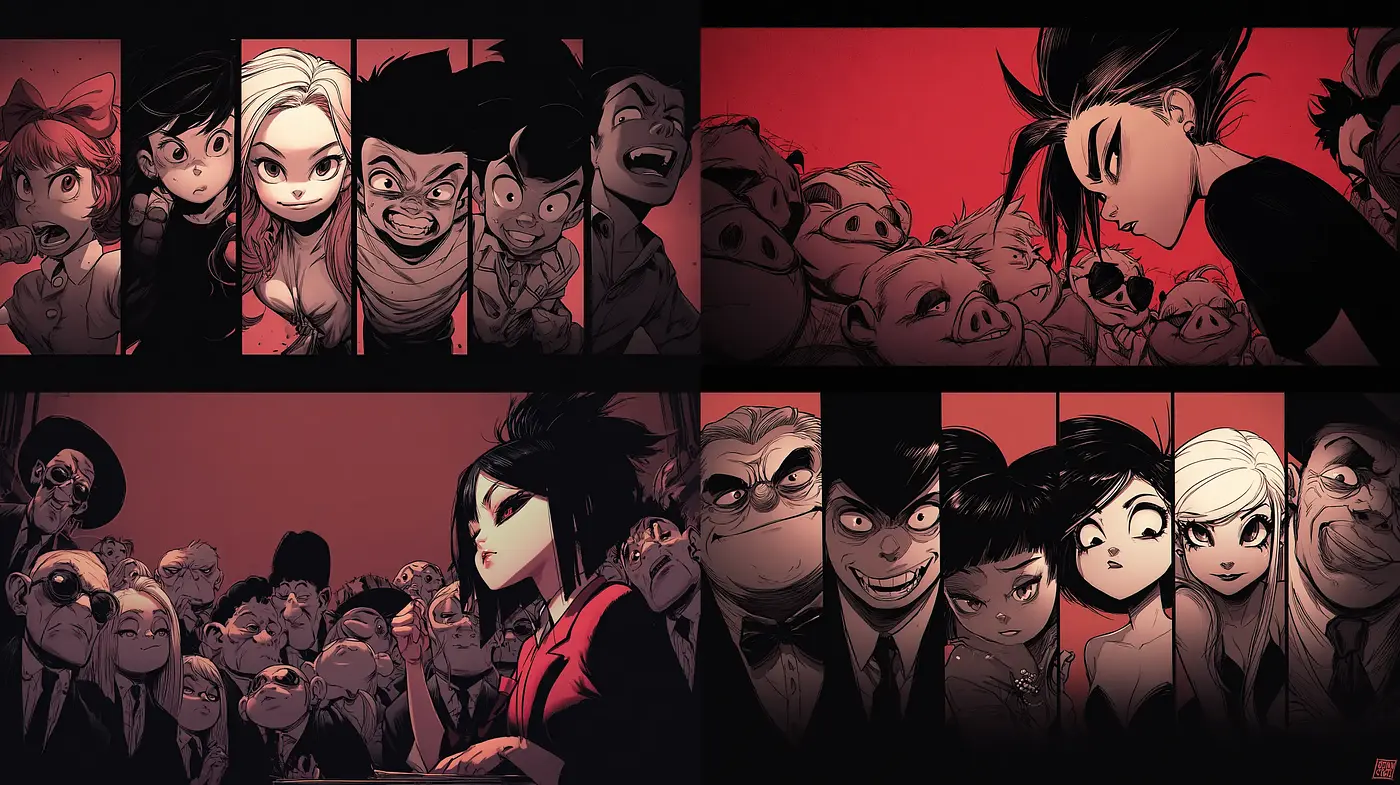 Dynamic and Expressive Comic-Inspired Illustrations with Dark Undertones - Midjourney sref style