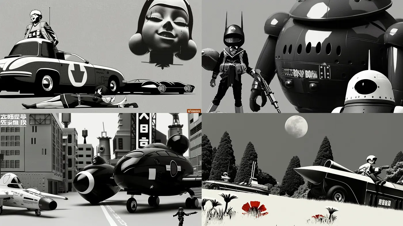 Monochromatic Retrofuturism: A Harmonious Blend of Vintage Sci-Fi and Stylized Noir - Midjourney sref style