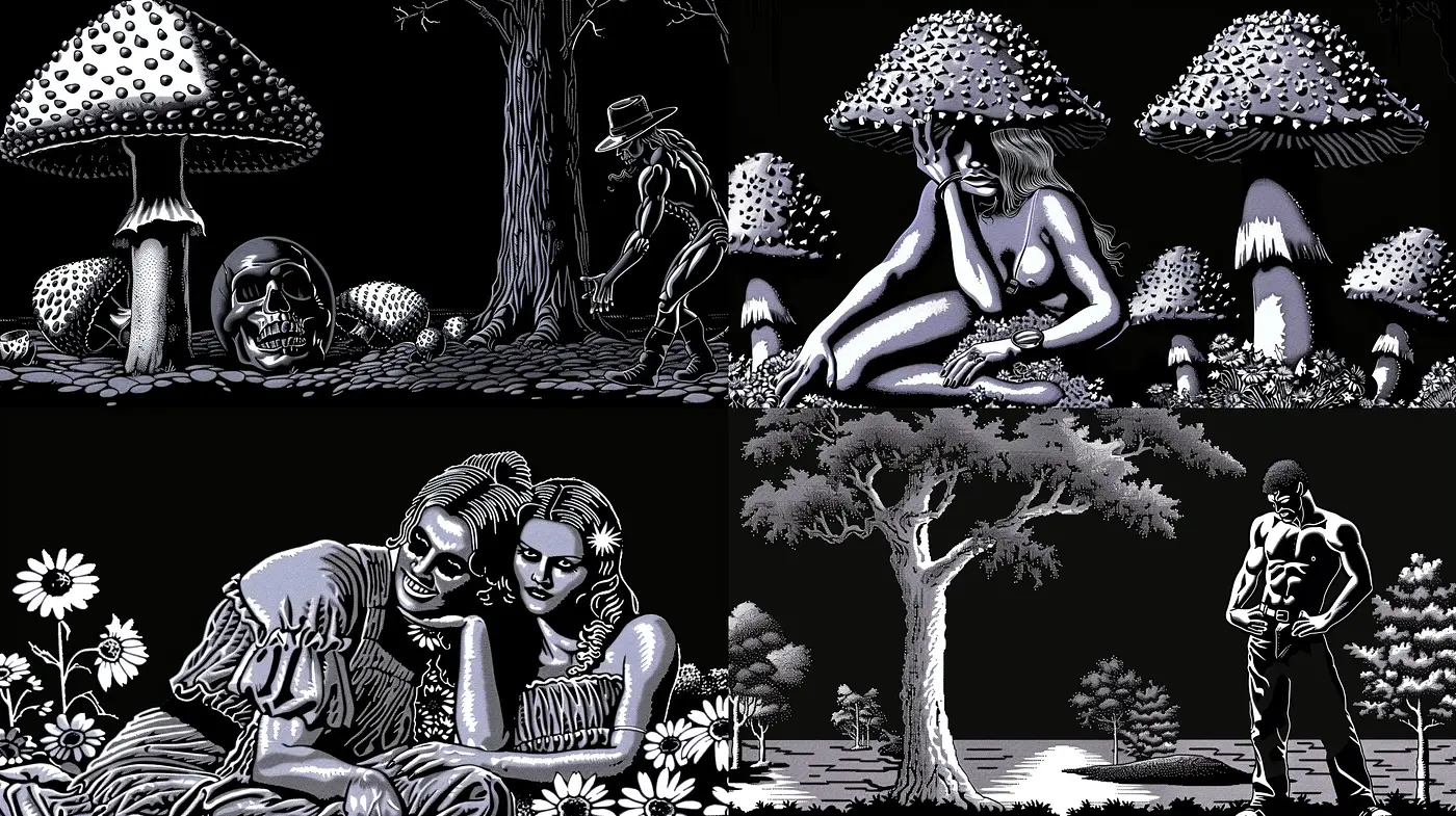 Nocturnal Elegance: A Monochromatic Fusion of Fantasy and Nature - Midjourney sref style