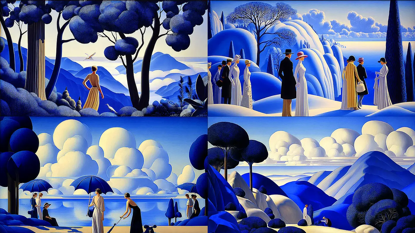 Dreamy blue landscapes with figures in elegant attire - Midjourney sref style