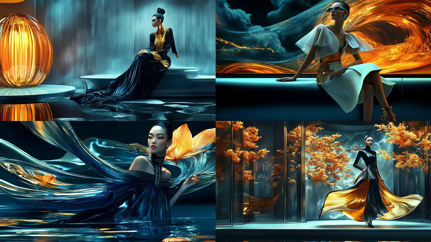 Ethereal Elegance in Dynamic Orange and Blue Hues - Midjourney sref style