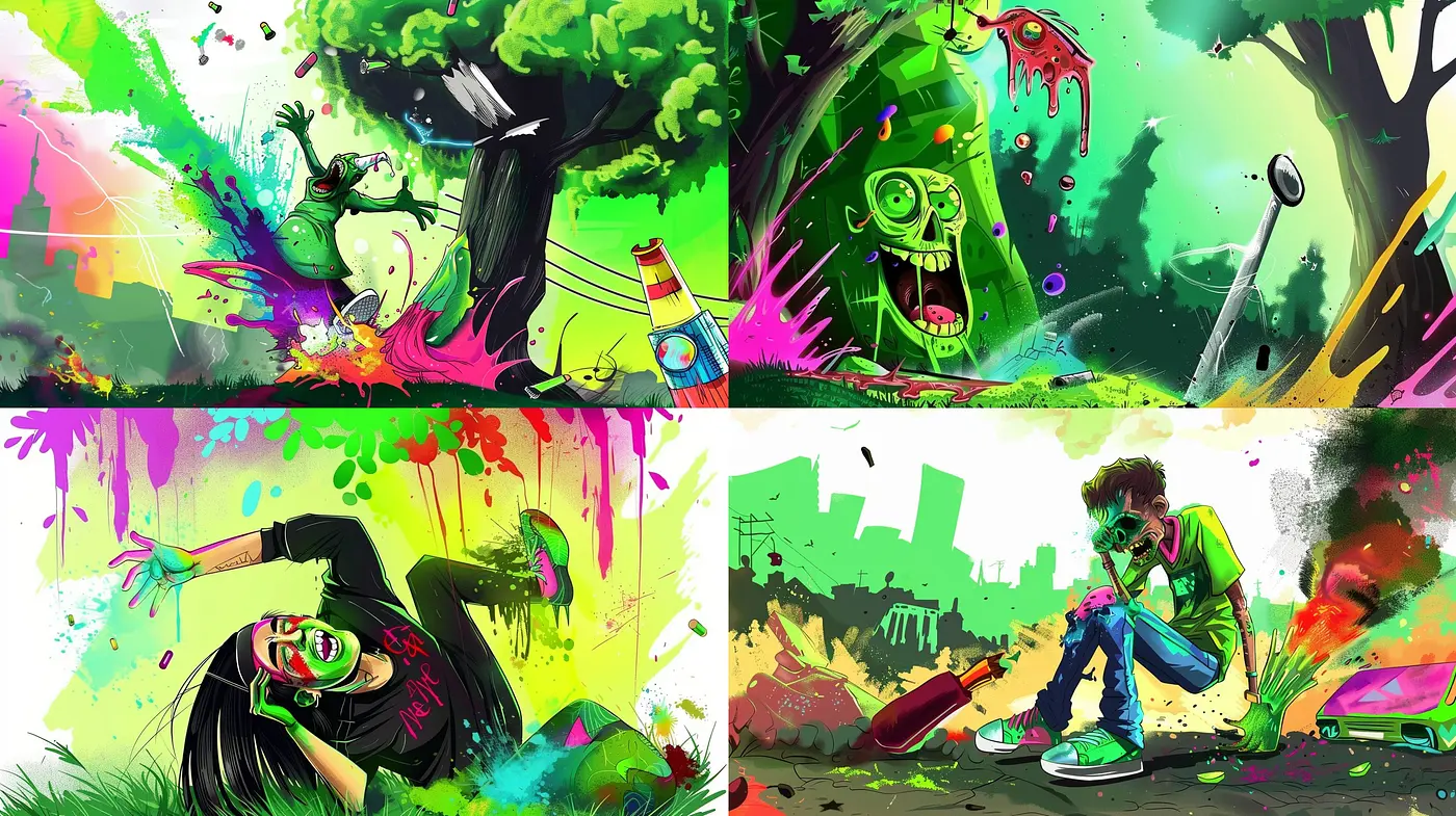 Energetic Chromatic Harmonies: A Fusion of Bold Urban Artistry and Surreal Expression - Midjourney sref style