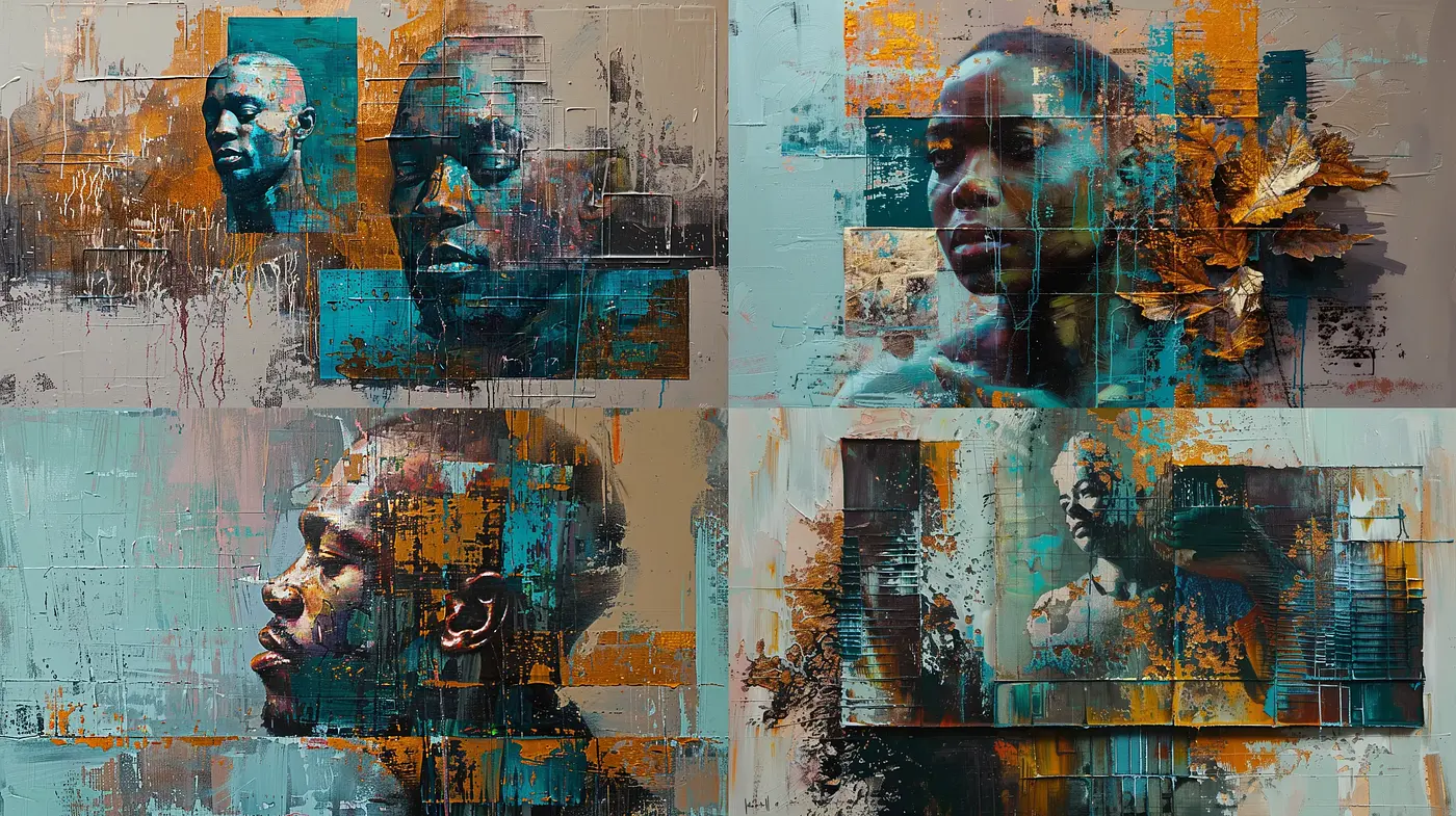 Distressed Fragmentation: A Harmony of Turquoise and Umber in Mixed Media - Midjourney sref style