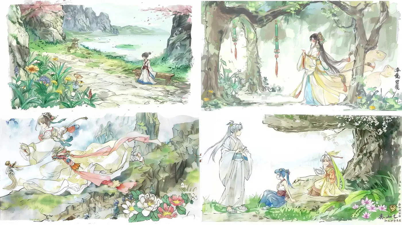 Ethereal Watercolor Scenes with Pastoral Elegance - Midjourney sref style