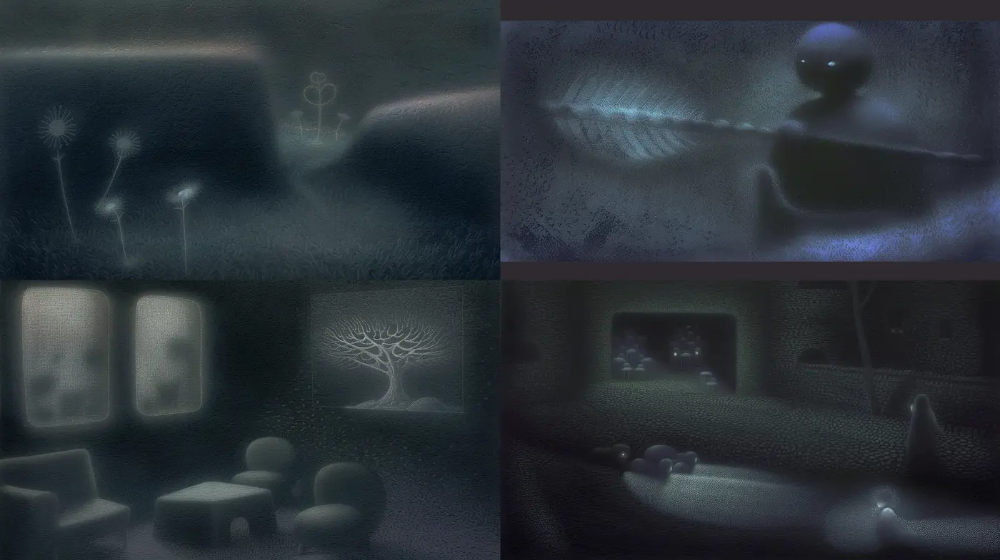 Ethereal Nocturnal Dreamscape in Monochromatic Blue - Midjourney sref style