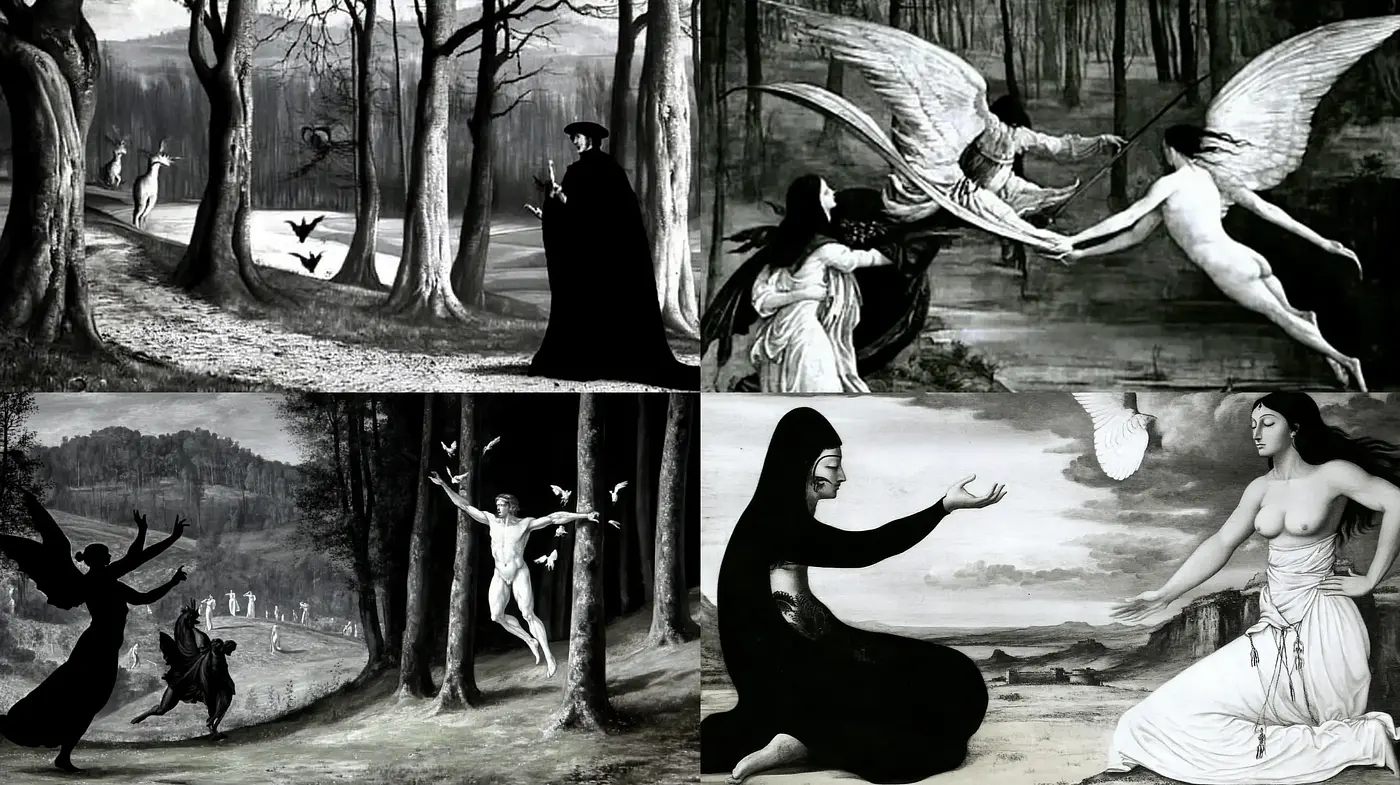 Ethereal Monochrome Mythology: Consistent Elements of Stylistic Homogeneity - Midjourney sref style