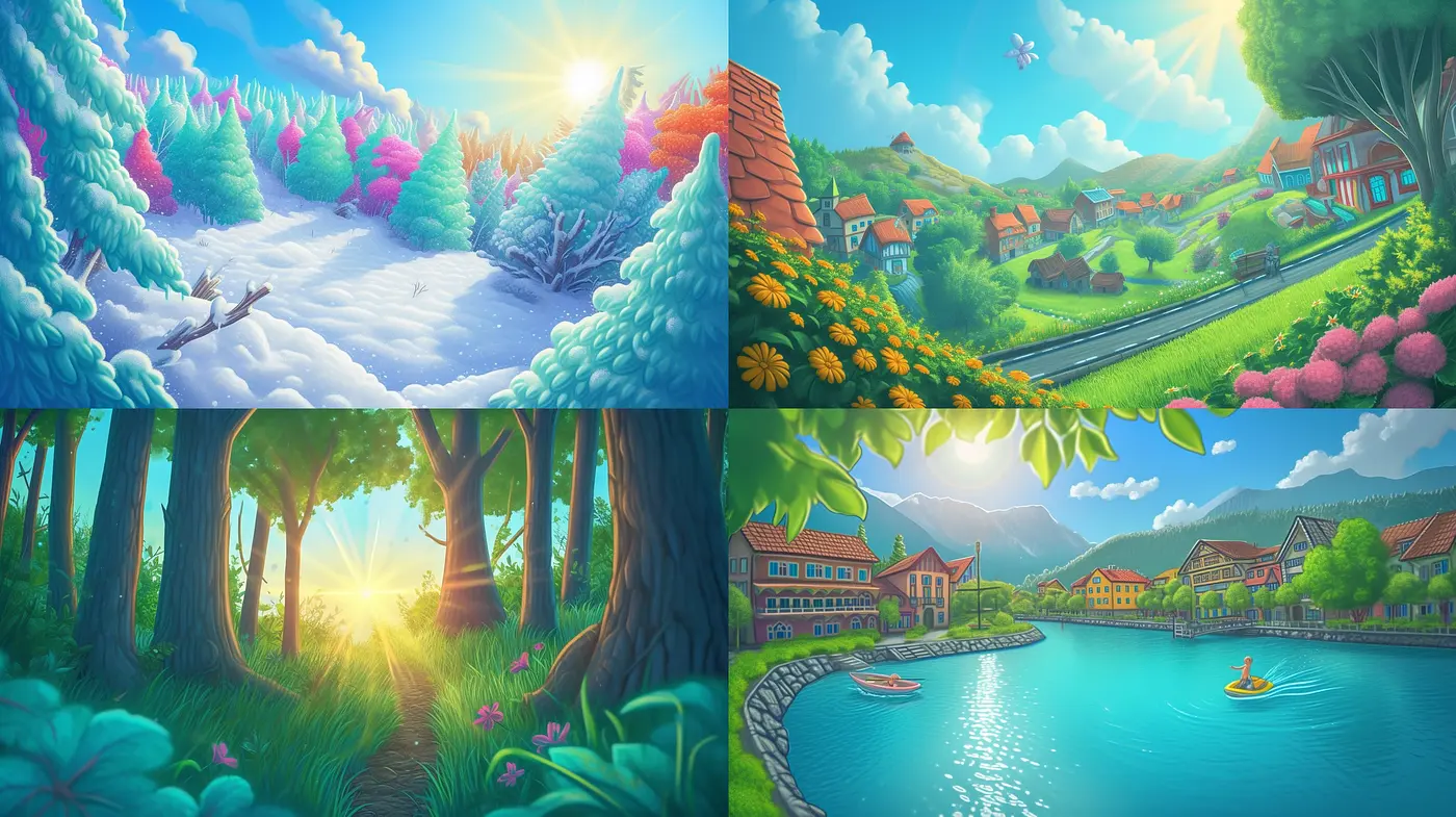 Iridescent Dreamscape: A Fusion of Vivid Hues and Whimsical Storybook Imagery - Midjourney sref style