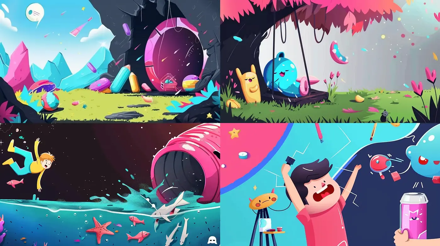 Playful and Vibrant Cartoon Dreamscape Exploration - Midjourney sref style