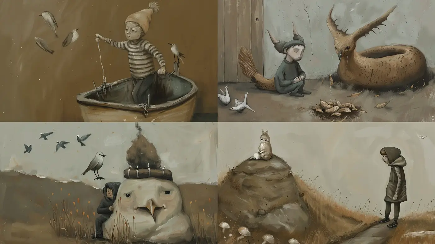 Whimsical Surrealism with Earthy Tonal Consistency - Midjourney sref style