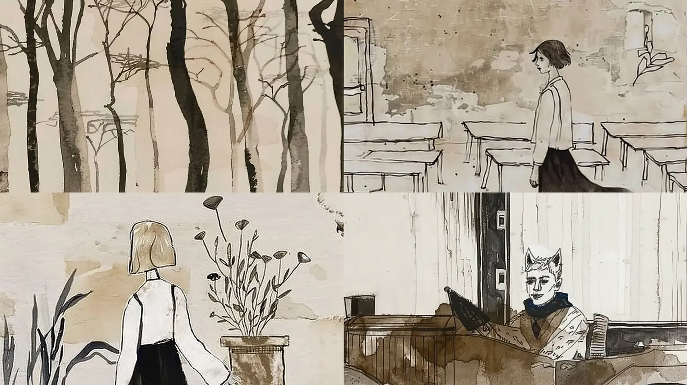 Monochromatic Storyboards with a Hint of Surrealism - Midjourney sref style