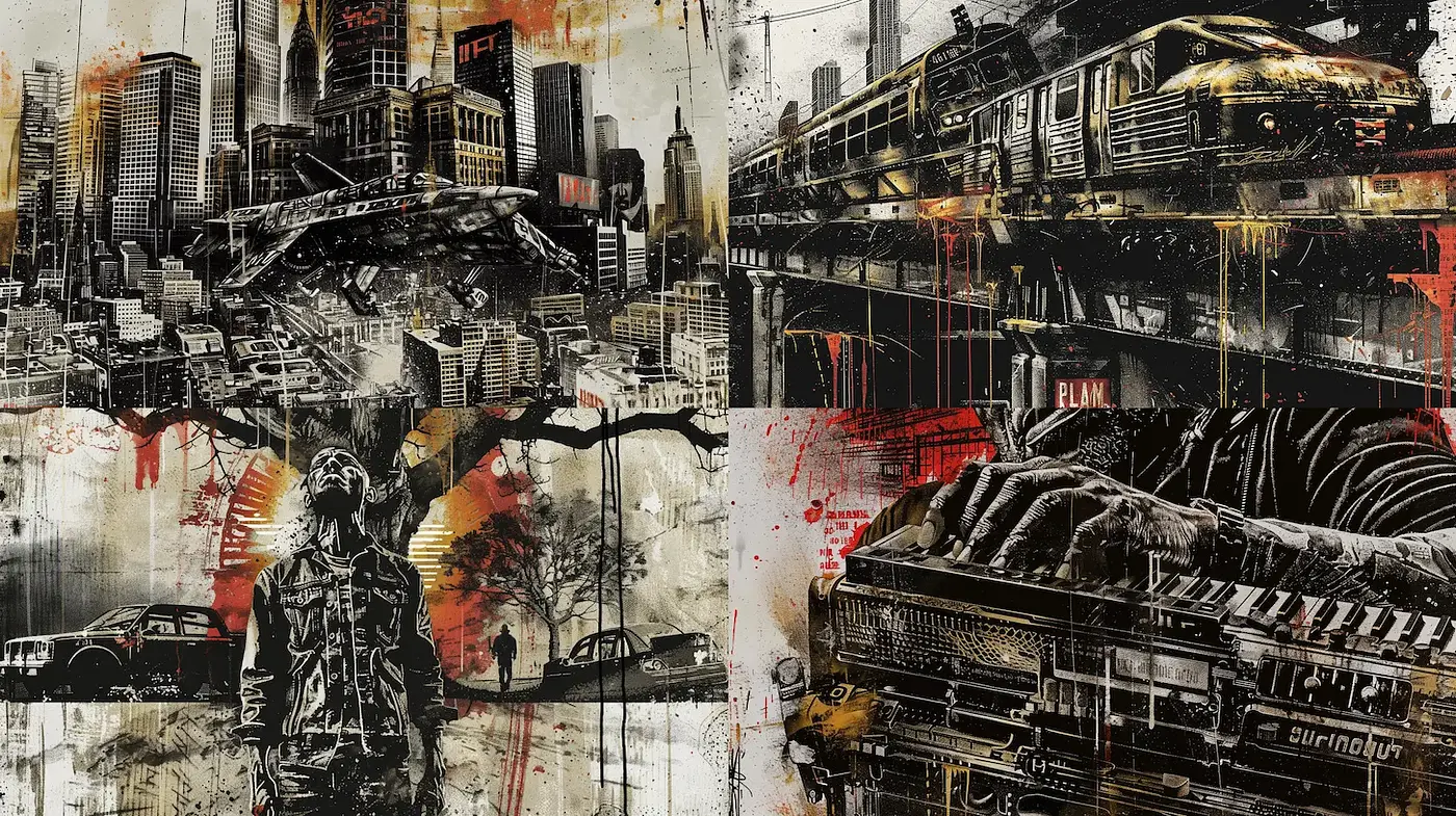Contrasting Urban Dystopia with a Gritty, Dynamic Edge - Midjourney sref style
