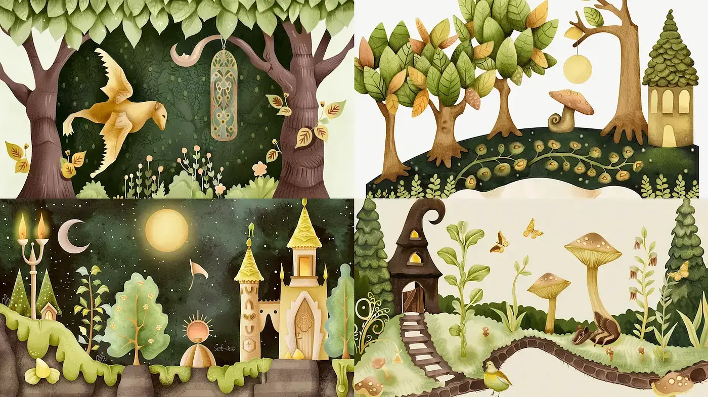 Whimsical and enchanting nature illustration style with a storybook quality - Midjourney sref style