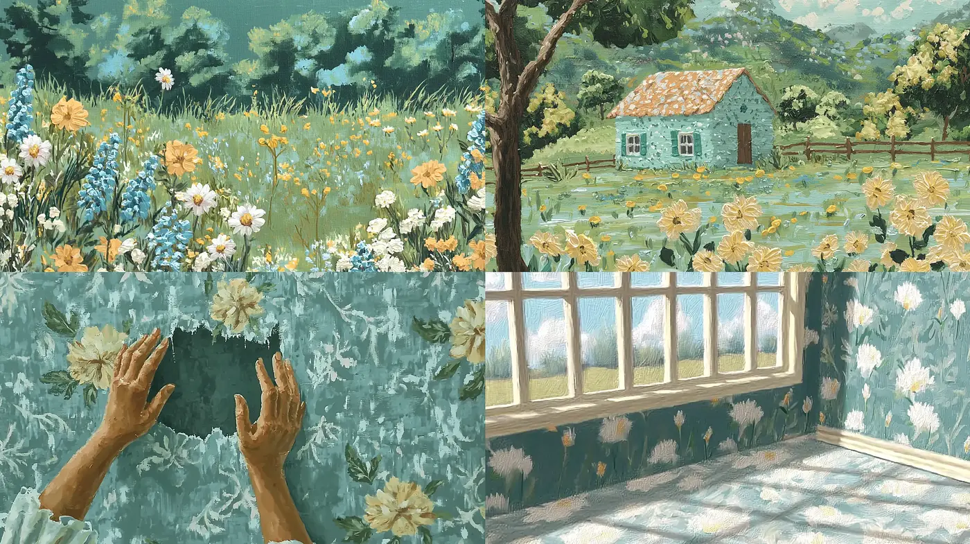 Tranquil Pastoral Dreamscapes with a Consistent Botanical Motif - Midjourney sref style