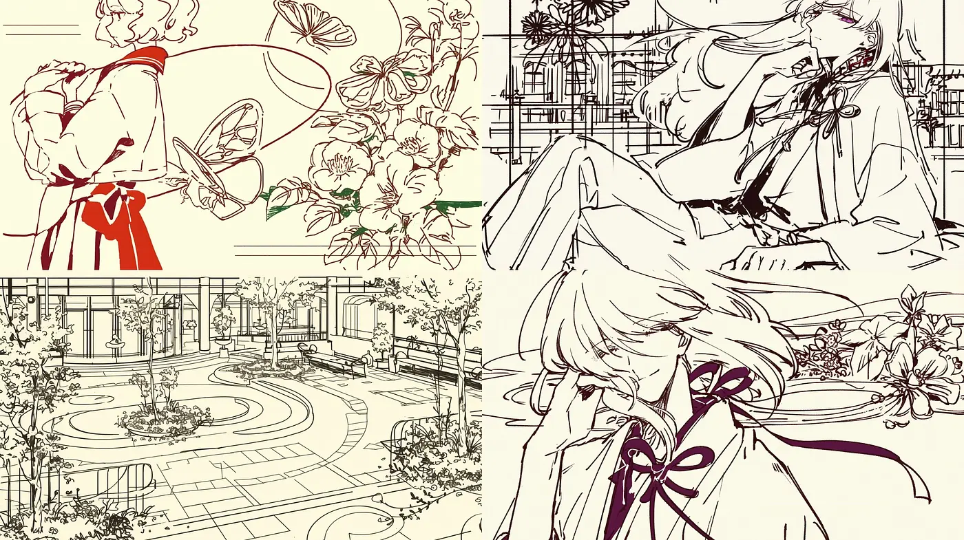 Elegantly Stylized Monochrome Manga-Inspired Line Art - Midjourney sref style