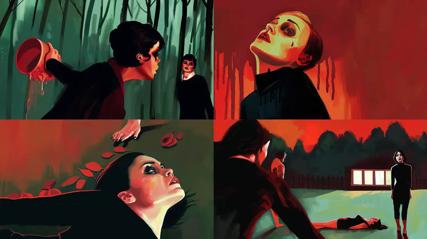 Red-Noir Expressionism: An Intense Fusion of Dramatic Shadows and Stark Contrasts - Midjourney sref style