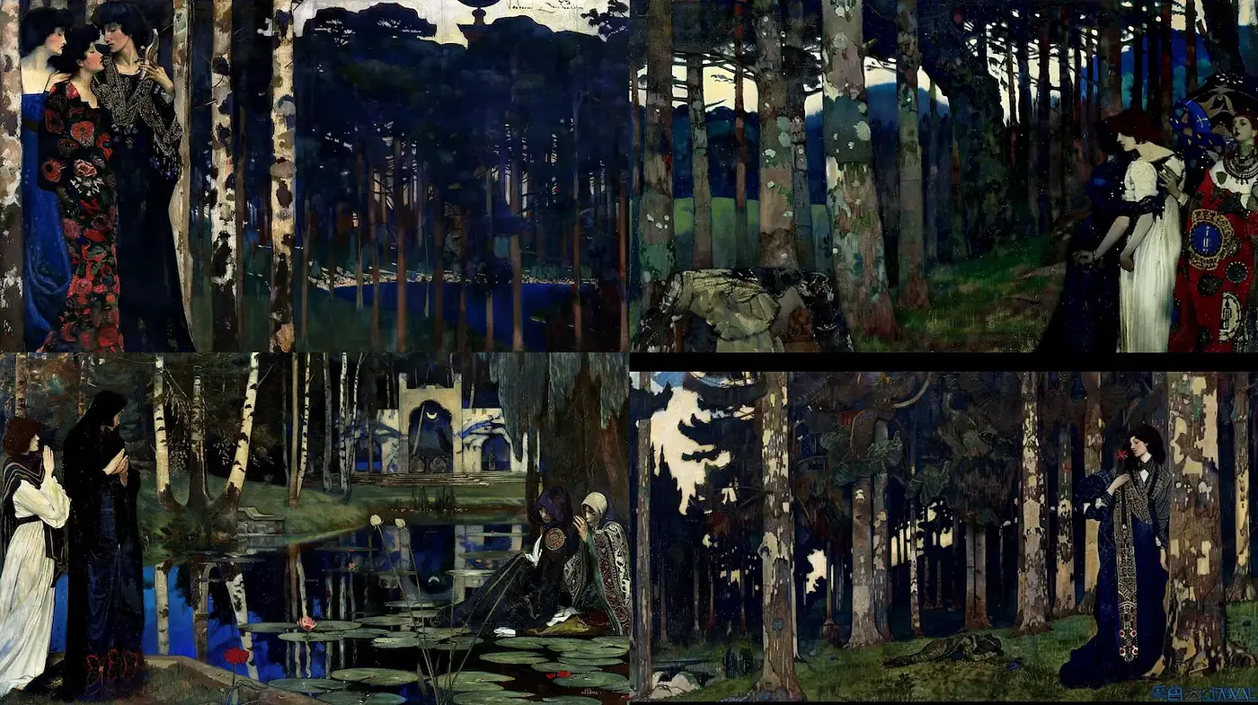 Mystical Environments with Rich Textures and Dramatic Flora - Midjourney sref style
