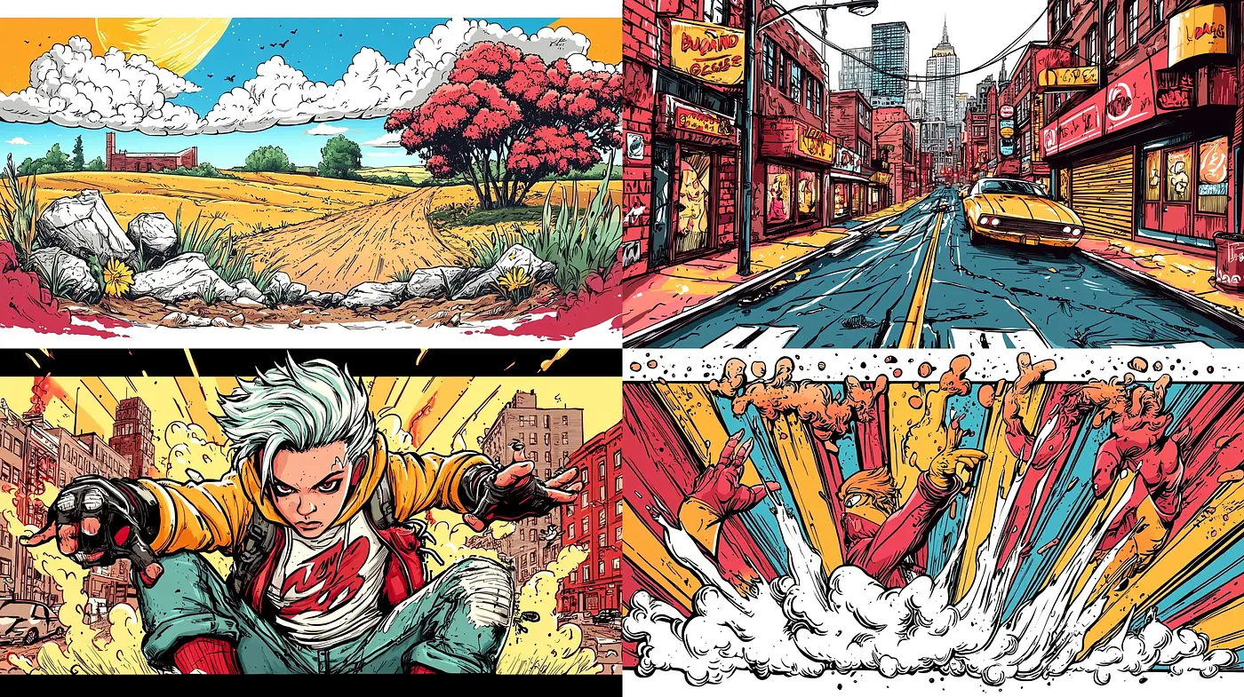 Dynamic Comic Book Panache with Bright Contrasts and Detailed Inking - Midjourney sref style