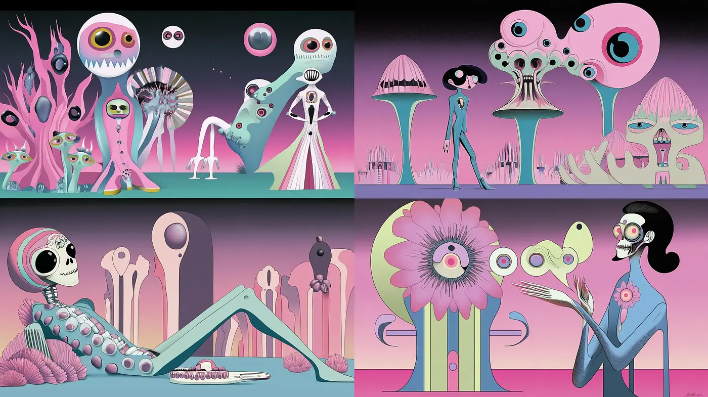Whimsical Phantasmagoria: A Surreal Fusion of Pastel Fantasy and Intrigue - Midjourney sref style
