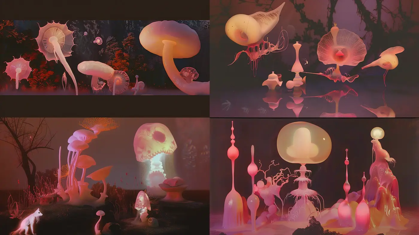 Surreal Bioluminescent Dreamscape Fusion - Midjourney sref style