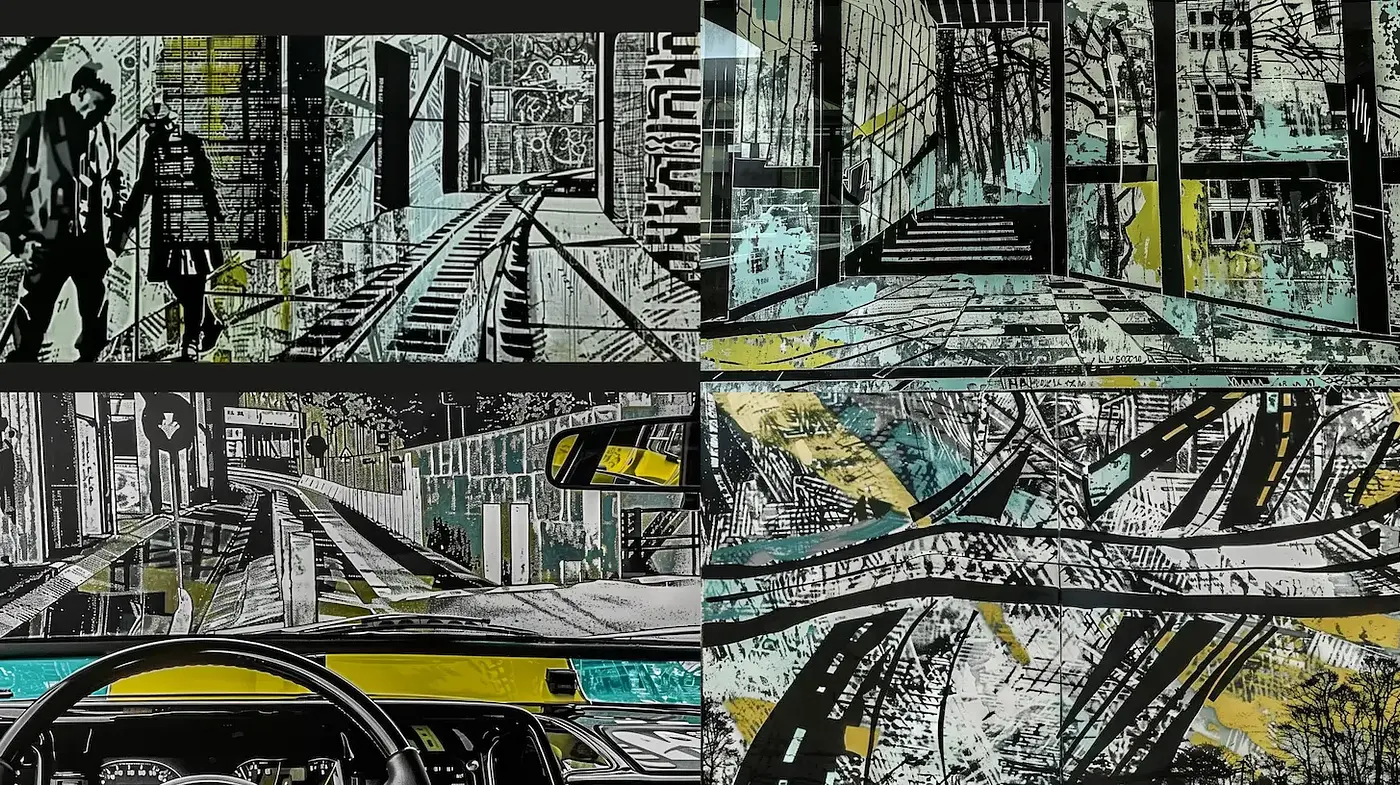 Dynamic urban narrative with abstract layering and monochromatic undertones - Midjourney sref style