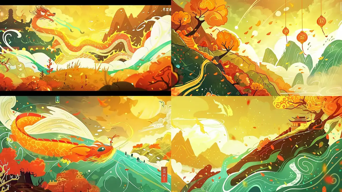Dynamic and Vibrant Eastern Fantasy Landscape with Fluid Elemental Motion - Midjourney sref style