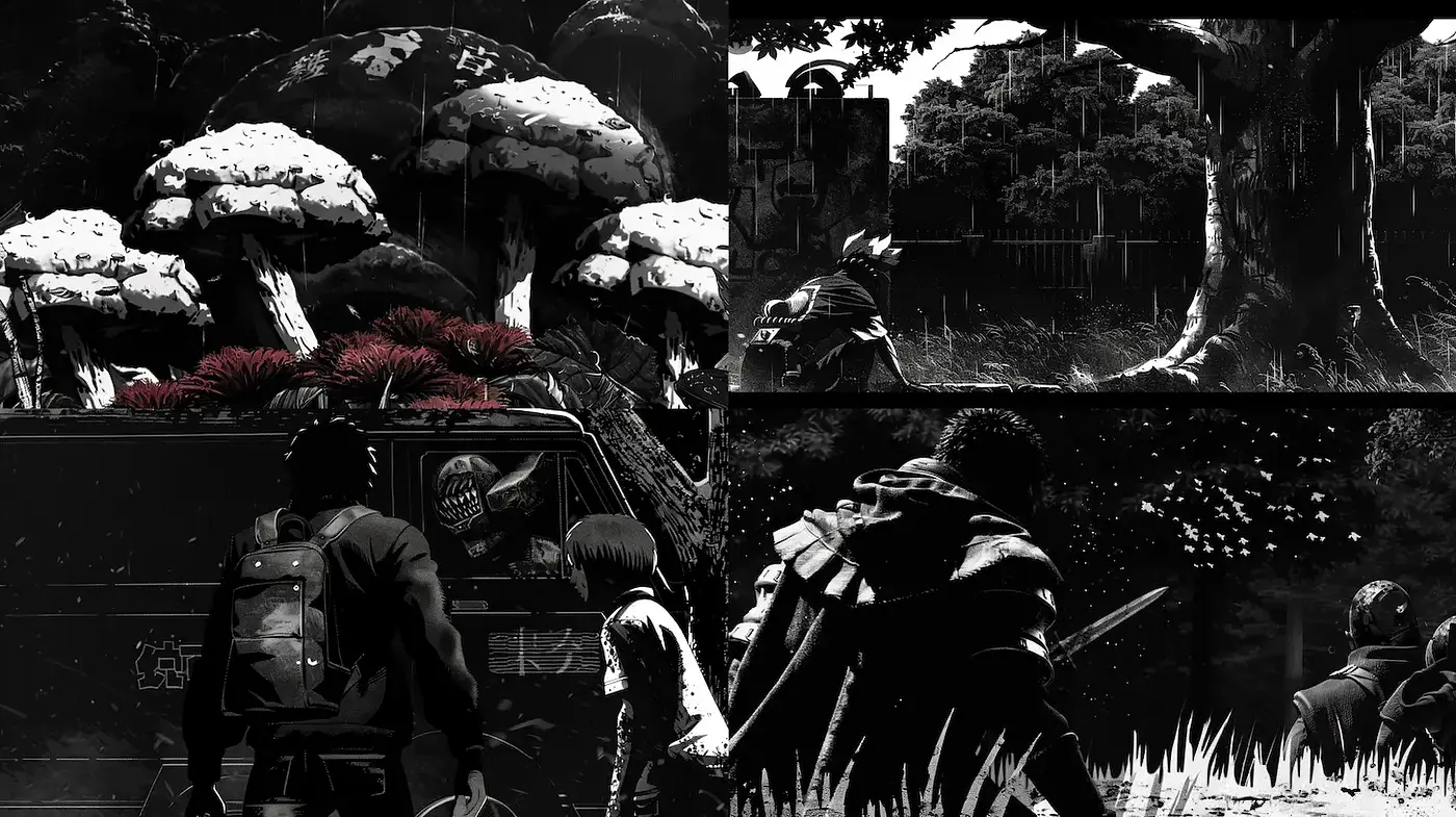 Dramatic monochrome scenes with a blend of dystopian and fantasy elements - Midjourney sref style