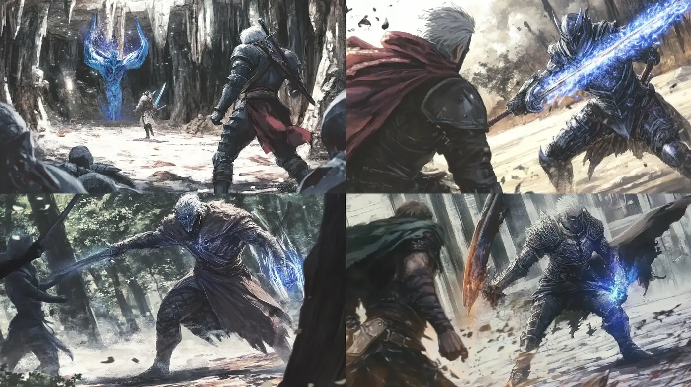 Ethereal Brushwork: Dynamic Combat Scenes in a Textured Fantasy Realm - Midjourney sref style
