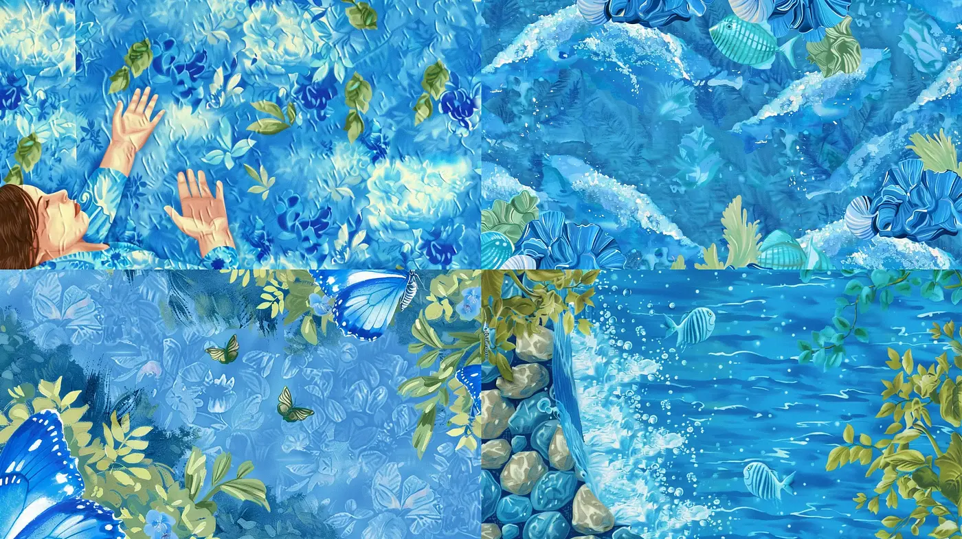 Aquatic Serenity in Artistic Harmony: A Study in Blue Tones and Textured Vistas - Midjourney sref style