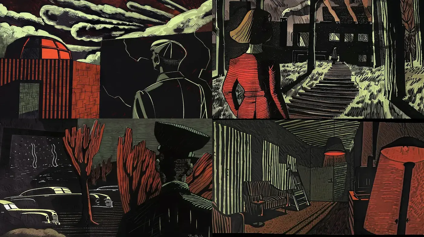 Dramatic and Stylized Narrative Art in Bold Colors - Midjourney sref style