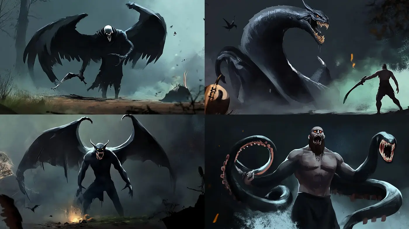 Eerie Mythos Vistas: A Blend of Digital Darkness and Storied Fantasy - Midjourney sref style